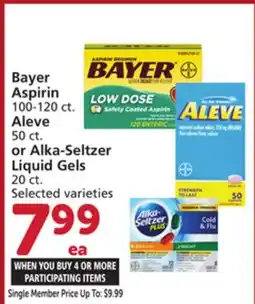 Albertsons Bayer Aspirin 100-120 ct. Aleve 50 ct. or Alka-Seltzer Liquid Gels 20 ct offer