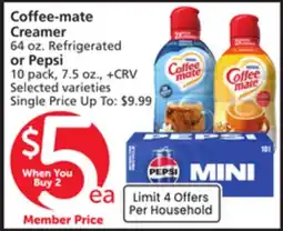 Albertsons Coffee-mate Creamer 64 oz. Refrigerated or Pepsi 10 pack, 7.5 oz offer