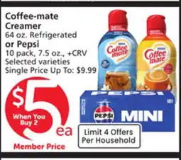Vons Coffee-mate Creamer 64 oz. Refrigerated or Pepsi 10 pack, 7.5 oz offer