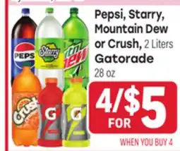 Tony’s Fresh Market Pepsi, Starry, Mountain Dew or Crush, 2 Liters Gatorade 28 oz offer