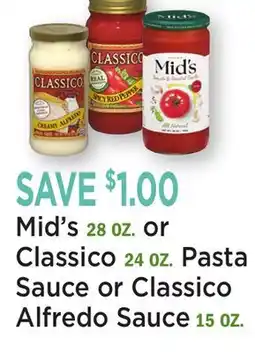Heinen's Mid's 28 OZ. or Classico 24 OZ. Pasta Sauce or Classico Alfredo Sauce 15 OZ offer
