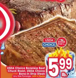Jewel-Osco USDA Choice Boneless Beef Chuck Roast, USDA Choice Bone-In Strip Steak offer