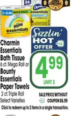 Jewel-Osco Charmin Essentials Bath Tissue 6 ct. Mega Roll or Bounty Essentials Paper Towels 2 ct. Triple Roll offer