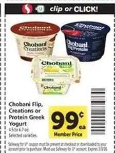 Safeway Chobani Flip, Creations or Protein Greek Yogurt offer