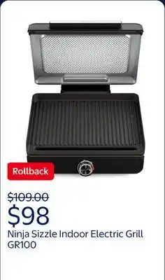 Walmart Ninja Sizzle 4-6 Serving Indoor Electric Grill w/ Nonstick Grill Plate, Edge-to-Edge Heating, GR100 offer