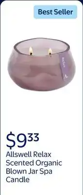 Walmart Allswell Relax Scented Organic Blown Jar Spa Candle, Lavender, Jasmine & Chamomile, 8oz offer