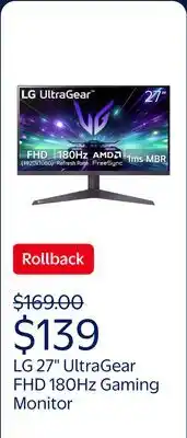 Walmart LG 27 UltraGear FHD 180Hz Gaming Monitor with AMD FreeSync, 27GS40W-B offer