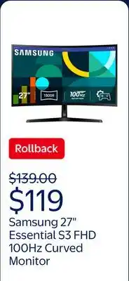 Walmart Samsung 27 Essential S3 (S36GD) FHD 100Hz Curved Monitor - LS27D36DGANXZA offer