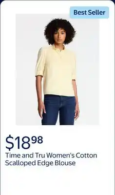 Walmart Time and Tru Women's Cotton Scalloped Edge Blouse with Short Sleeves offer