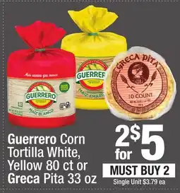 Super King Markets Guerrero Corn Tortilla White, Yellow 80 ct or Greca Pita 33 oz offer