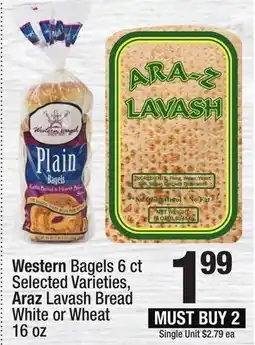 Super King Markets Western Bagels 6 ct Araz Lavash Bread White or Wheat 16 oz offer