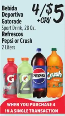 El Super Gatorade Sport Drink, 28Oz. Pepsi or Crush 2 Liters offer