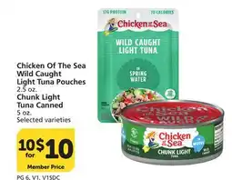 Vons Chicken Of The Sea Wild Caught Light Tuna Pouches 2.5 oz. Chunk Light Tuna Canned 5 oz offer