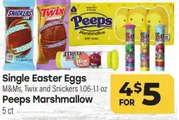 Tony’s Fresh Market Single Easter Eggs M&Ms, Twix and Snickers 1.06-1.1 oz, Peeps Marshmallow, 5 ct offer