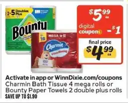 Winn Dixie Charmin Bath Tissue or Bounty Paper Towels offer