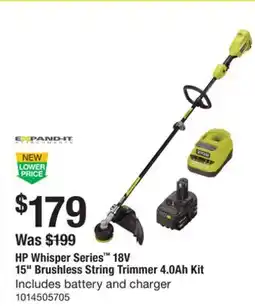 The Home Depot RYOBI HP Whisper Series 18V 15 Brushless String Trimmer 4.0Ah Kit offer