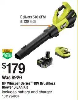 The Home Depot RYOBI HP Whisper Series 18V Brushless Blower 6.0Ah Kit offer