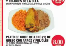 Carnicerias Jimenez PLATO DE CHILE RELLENO (1) DE QUESO CON ARROZ Y FRIJOLES offer