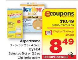 Weis Markets Aspercreme 3-5 ct or 2.5-4.3 oz Icy Hot 5 ct or 2.5 oz offer