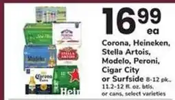 Safeway Corona, Heineken, Stella Artois, Modelo, Peroni, Cigar City or Surfside offer