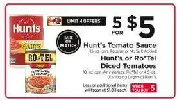 ShopRite Hunt’s Tomato Sauce or Ro*Tel Diced Tomatoes offer