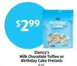 Aldi Clancy's Milk Chocolate Toffee or Birthday Cake Pretzels offer