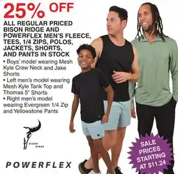 Dunham's Sports BISON RIDGE AND POWERFLEX MEN'S FLEECE, TEES, 1/4 ZIPS, POLOS, JACKETS, SHORTS, AND PANTS IN STOCK offer