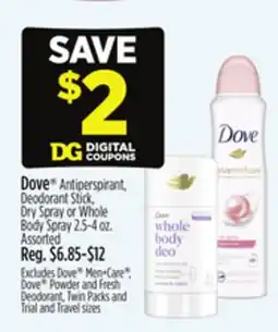 Dollar General Dove Antiperspirant, Deodorant Stick, Dry Spray or Whole Body Spray offer