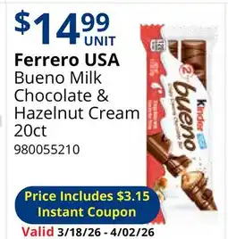 Restaurant Depot Ferrero USA Bueno Milk Chocolate & Hazelnut Cream offer
