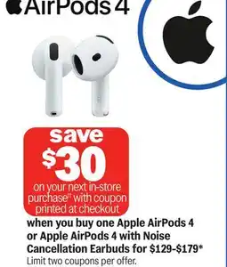 Meijer Apple AirPods 4 or Apple AirPods 4 with Noise Cancellation Earbuds offer
