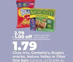 Hy-Vee Chex mix, Gardetto's, Bugles snacks, Nature Valley or Fiber One bars offer
