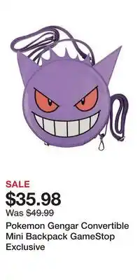 Game Stop Pokemon Gengar Convertible Mini Backpack GameStop Exclusive offer