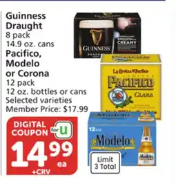 Albertsons Guinness Draught 8 pack 14.9 oz. cans Pacifico, Modelo or Corona 12 pack 12 oz. bottles or cans offer