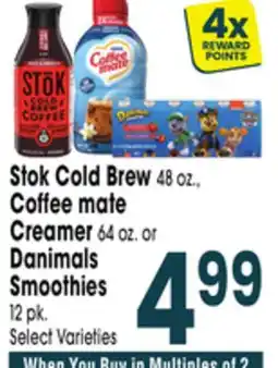 Jewel-Osco Stok Cold Brew 48 oz., Coffee mate Creamer 64 oz. or Danimals Smoothies 12 pk offer
