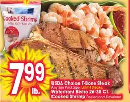 Jewel-Osco USDA Choice T-Bone Steak, Waterfront Bistro 26-30 Ct. Cooked Shrimp Peeled and Deveined offer