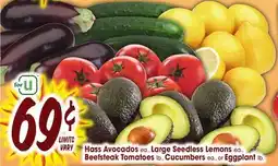 Jewel-Osco Hass Avocados ea., Large Seedless Lemons Beefsteak Tomatoes lb., Cucumbers ea., or Eggplant lb offer