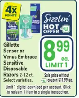 Jewel-Osco Gillette Sensor or Venus Embrace Sensitive Disposable Razors offer