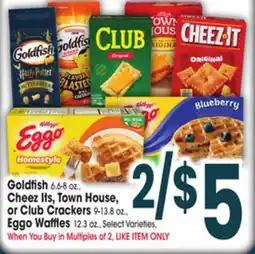 Jewel-Osco Goldfish 66-8 oz, Cheez Its, Town House, or Club Crackers 9-13.8 oz. Eggo Waffles 12.3 oz offer