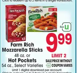 Jewel-Osco Farm Rich Mozzarella Sticks 48 oz. or Hot Pockets 54 oz offer