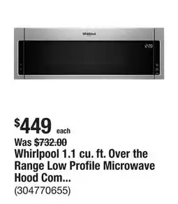 The Home Depot Whirlpool 1.1 cu. ft. Over the Range Low Profile Microwave Hood Combination in Stainless Steel offer