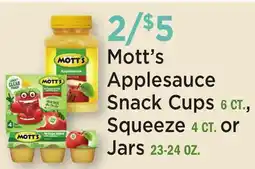 Heinen's Mott's Applesauce Snack Cups 6 CT., Squeeze 4 CT. or Jars 23-24 OZ offer