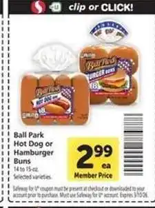 Safeway Ball Park Hot Dog or Hamburger Buns offer