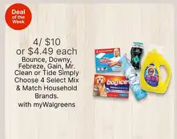 Walgreens Bounce, Downy, Febreze, Gain, Mr. Clean or Tide Simply Choose 4 Select Mix & Match Household Brands offer