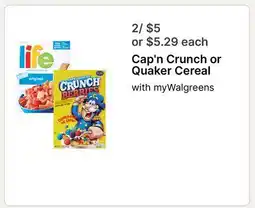 Walgreens Cap'n Crunch or Quaker Cereal offer