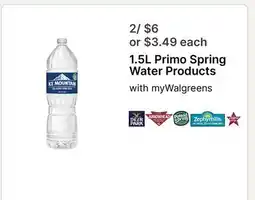 Walgreens 1.5L Primo Spring Water Products offer