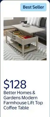 Walmart Better Homes & Gardens Modern Farmhouse Lift Top Coffee Table, Rustic White Finish offer