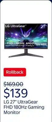 Walmart LG 27 UltraGear FHD 180Hz Gaming Monitor with AMD FreeSync, 27GS40W-B offer