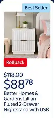 Walmart Better Homes & Gardens Lillian Fluted 2-Drawer Nightstand with USB, White Finish offer
