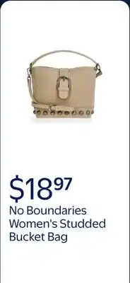 Walmart No Boundaries Women's Studded Faux Suede Moto Bucket Bag, Beige offer