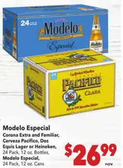 Vallarta Supermarkets Modelo Especial Corona Extra and Familiar, Cerveza Pacifico, Dos Equis Lager or Heineken offer